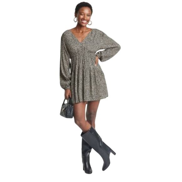 A New Day Women's Balloon Long Sleeve Dropped Waist Mini A Line Dress Brown M - Picture 1 of 6
